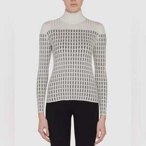 Akris Cream Sheer Grid Mulberry Silk Turtleneck Ribbed Knit Top Womens US 8 EUC